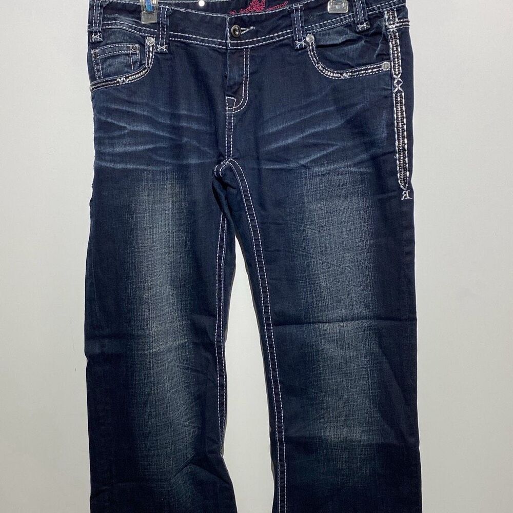 Rock and‎ Roll Cowgirl Womens Dark Wash Rhinestone Embellished Bootcut Jeans